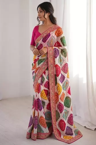 Multi white clr rajwadi bandhej print saree with solid blouse 