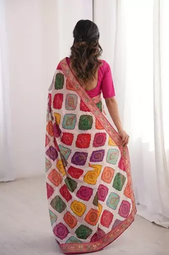Multi white clr rajwadi bandhej print saree with solid blouse 