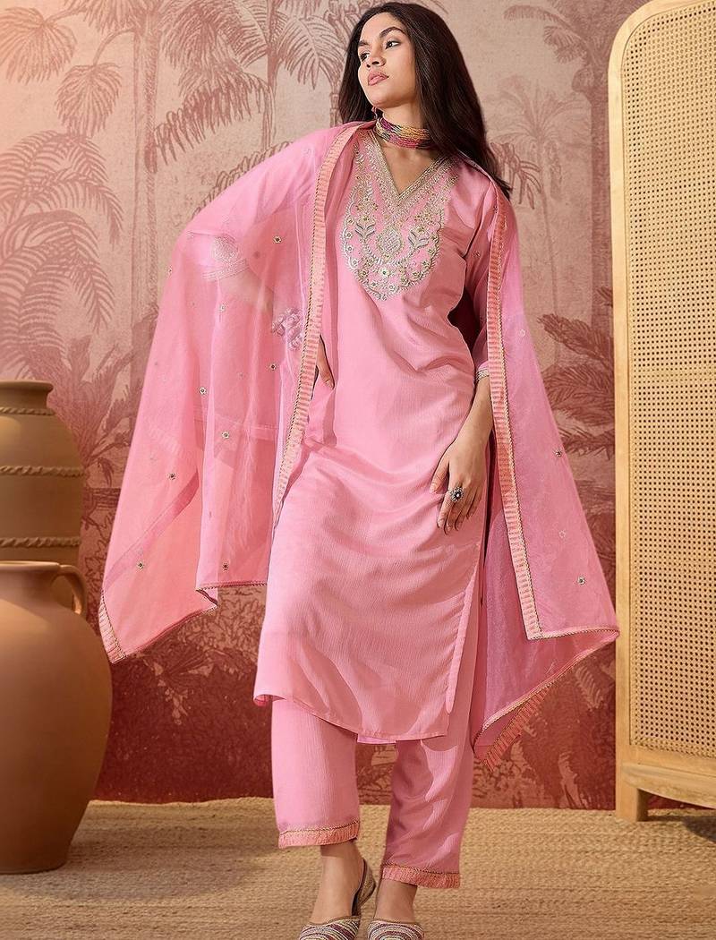 Women ethnic motifs embroidered regular sequinned kurta with trousers & dupatta