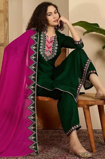 embroidered sequence kurta & trousers with dupatta set