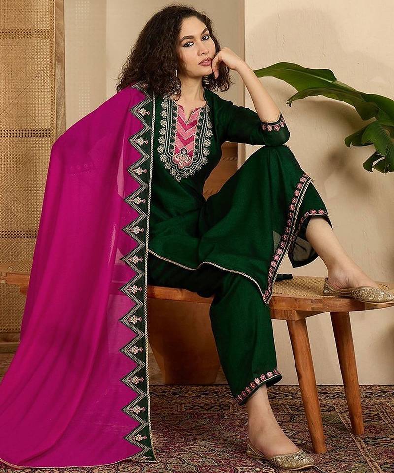 embroidered sequence kurta & trousers with dupatta set
