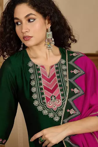 embroidered sequence kurta & trousers with dupatta set