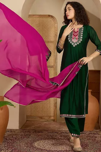 embroidered sequence kurta & trousers with dupatta set