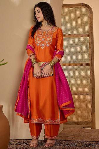 floral yoke design round neck sequinned straight kurta & palazzos with dupatta