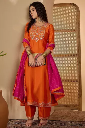 floral yoke design round neck sequinned straight kurta & palazzos with dupatta