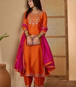 floral yoke design round neck sequinned straight kurta & palazzos with dupatta