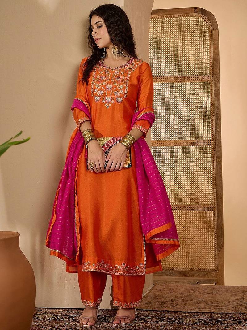 floral yoke design round neck sequinned straight kurta & palazzos with dupatta
