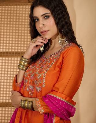 floral yoke design round neck sequinned straight kurta & palazzos with dupatta 2