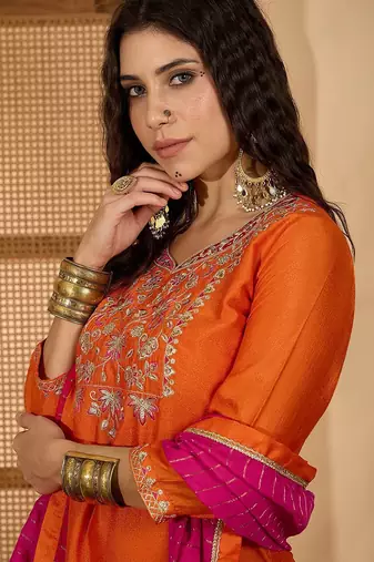 floral yoke design round neck sequinned straight kurta & palazzos with dupatta