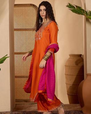 floral yoke design round neck sequinned straight kurta & palazzos with dupatta 5