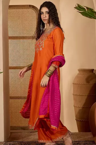 floral yoke design round neck sequinned straight kurta & palazzos with dupatta