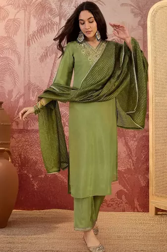 embroidered v-neck kurta & palazzos kurta sets