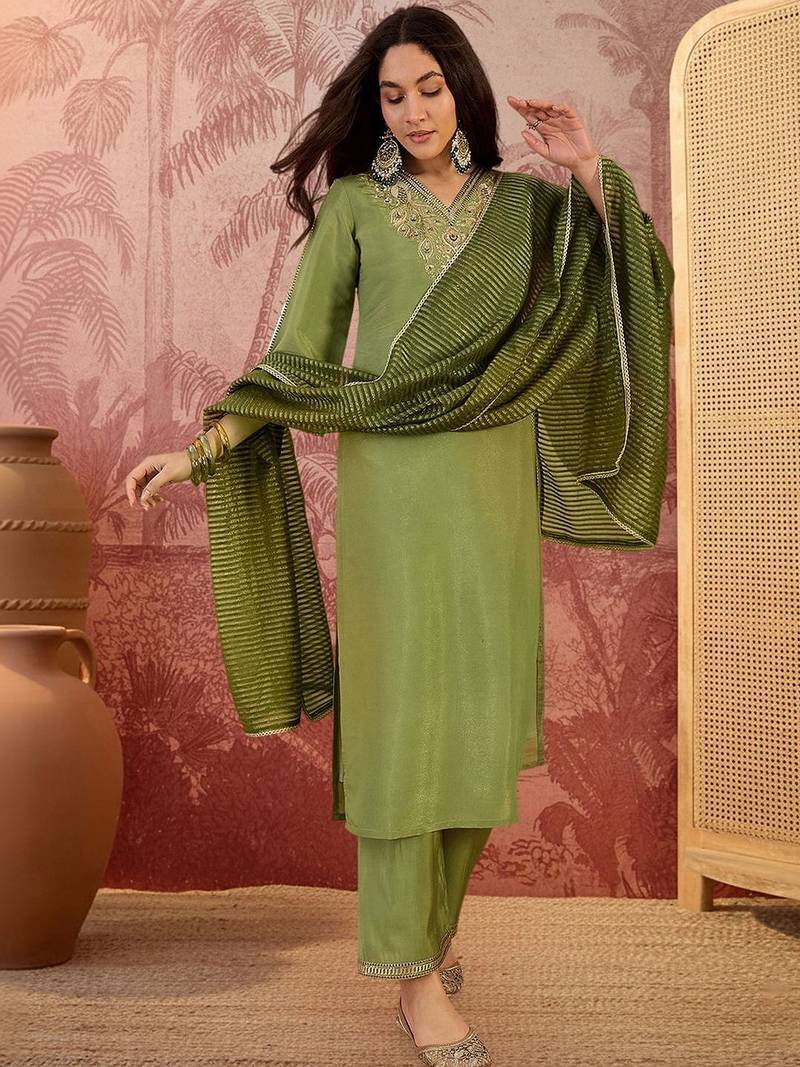 embroidered v-neck kurta & palazzos kurta sets