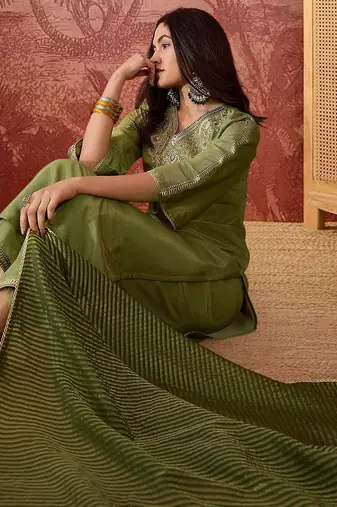 embroidered v-neck kurta & palazzos kurta sets