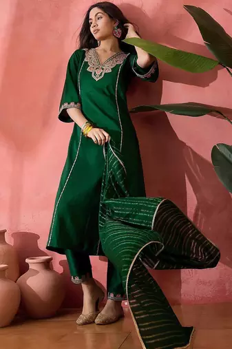 floral yoke design v-neck sequinned straight kurta with trouser and dupatta
