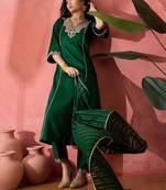 floral yoke design v-neck sequinned straight kurta with trouser and dupatta