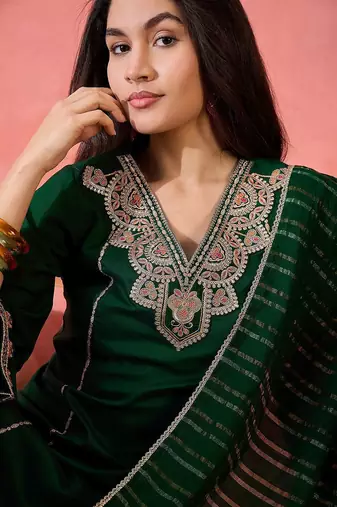 floral yoke design v-neck sequinned straight kurta with trouser and dupatta