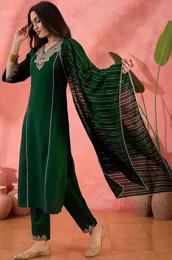 floral yoke design v-neck sequinned straight kurta with trouser and dupatta