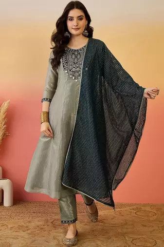 grey silk blend straight zari sequence embroidered kurta pant with dupatta
