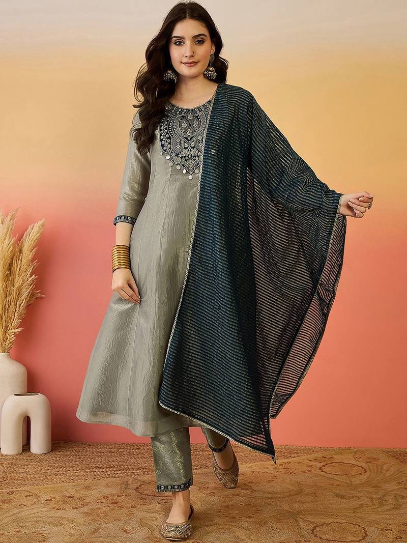 grey silk blend straight zari sequence embroidered kurta pant with dupatta