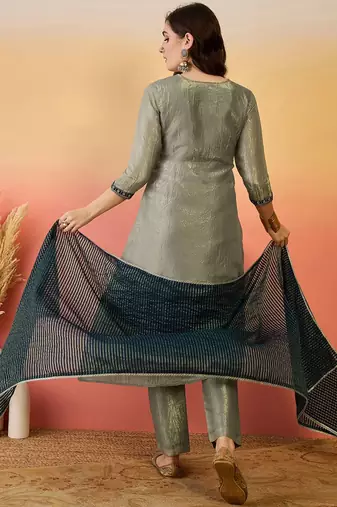 grey silk blend straight zari sequence embroidered kurta pant with dupatta