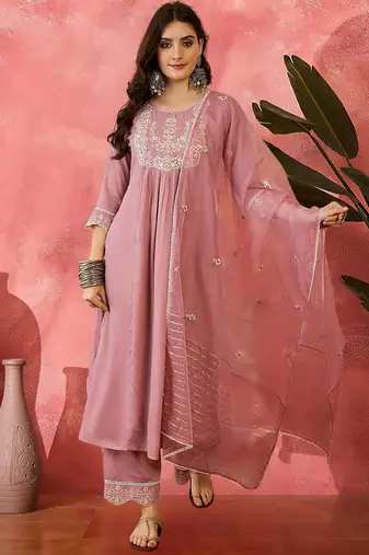 zari sequence embroidered straight kurta & trousers with dupatta