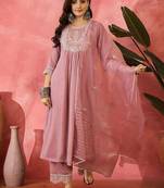 zari sequence embroidered straight kurta & trousers with dupatta