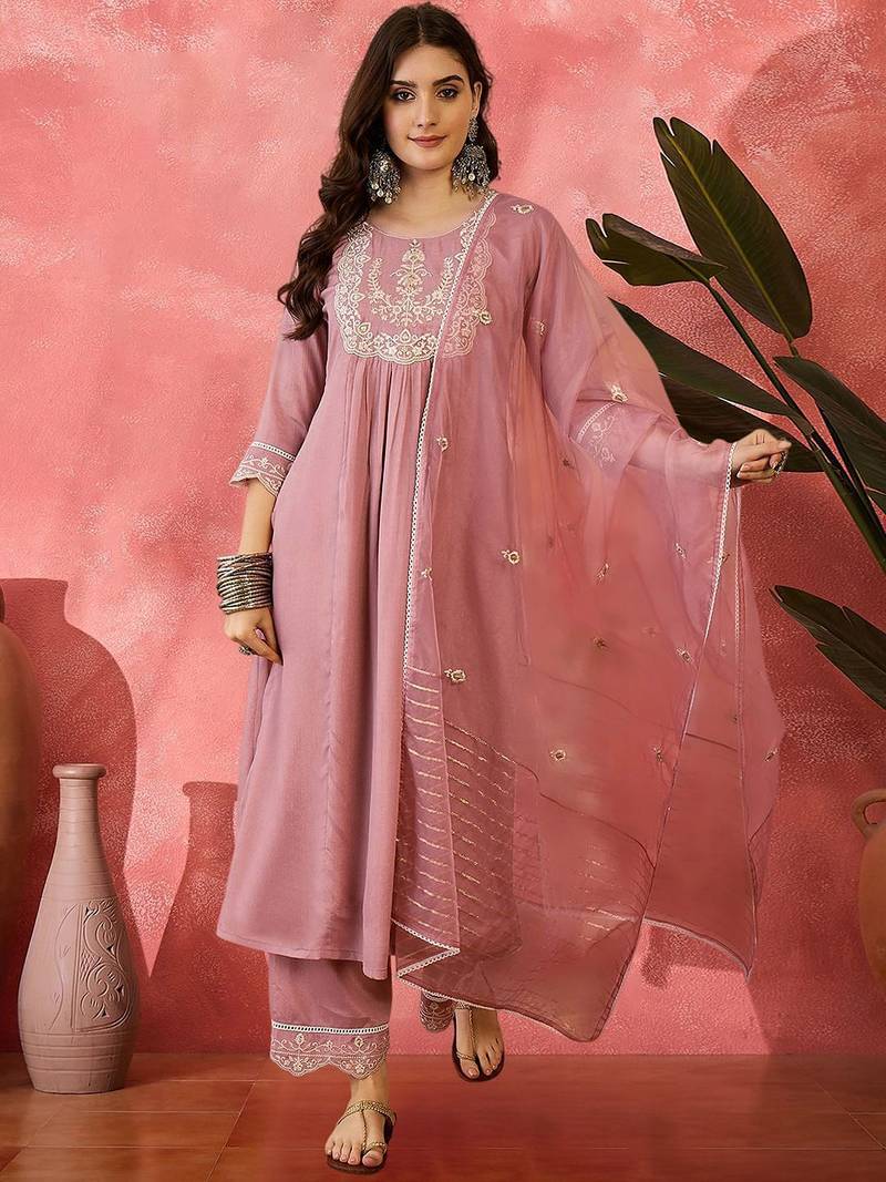 zari sequence embroidered straight kurta & trousers with dupatta