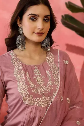 zari sequence embroidered straight kurta & trousers with dupatta
