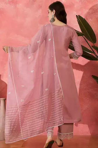 zari sequence embroidered straight kurta & trousers with dupatta
