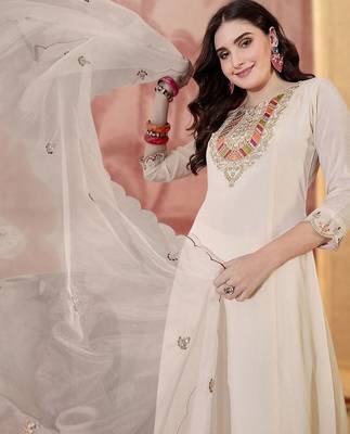 embroidered round neck kurta & trousers kurta sets 1