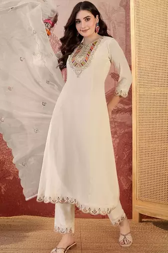 embroidered round neck kurta & trousers kurta sets
