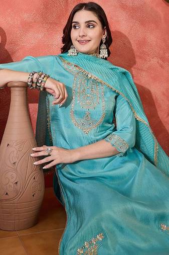 women embroidered zari sequence round neck kurta pant with dupatta set