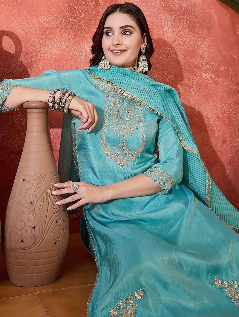 women embroidered zari sequence round neck kurta pant with dupatta set