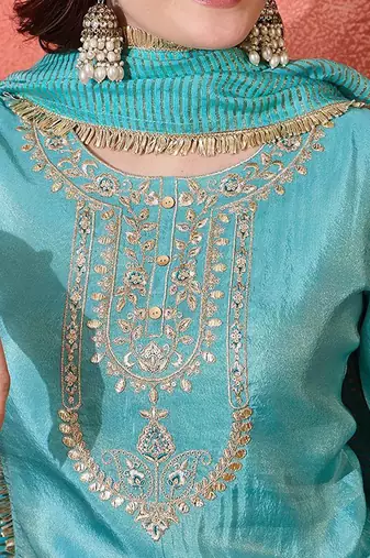 women embroidered zari sequence round neck kurta pant with dupatta set