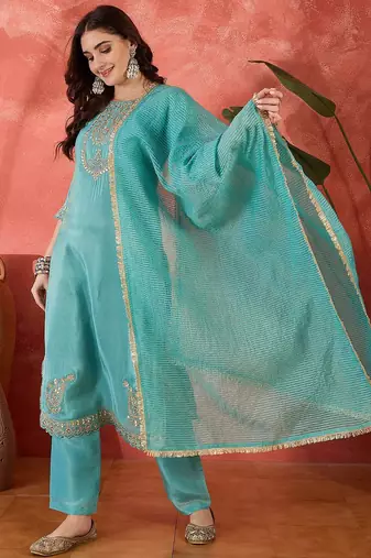 women embroidered zari sequence round neck kurta pant with dupatta set