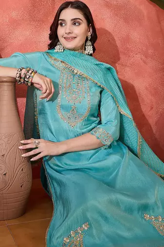 floral embroidered round neck zari sequinned kurta with trousers and dupatta