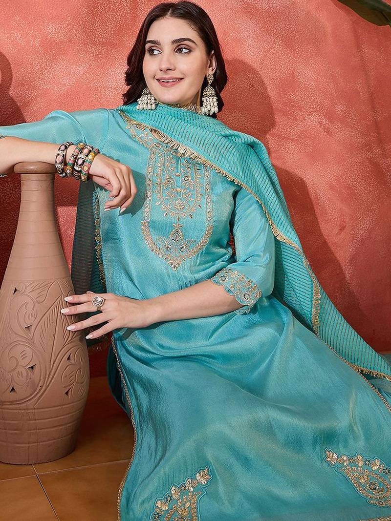 floral embroidered round neck zari sequinned kurta with trousers and dupatta