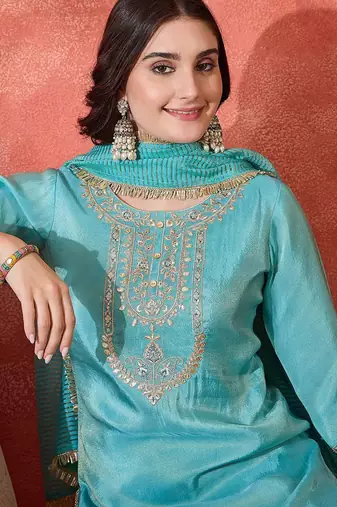 floral embroidered round neck zari sequinned kurta with trousers and dupatta
