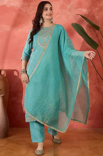 floral embroidered round neck zari sequinned kurta with trousers and dupatta