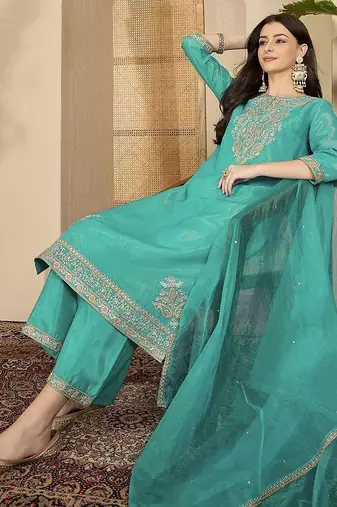 zari thread embroidered round neck straight kurta & trousers with dupatta