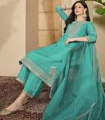 zari thread embroidered round neck straight kurta & trousers with dupatta