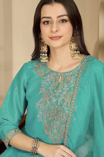 zari thread embroidered round neck straight kurta & trousers with dupatta