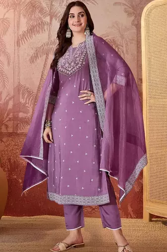 embroidered round-neck kurta & trousers kurta sets