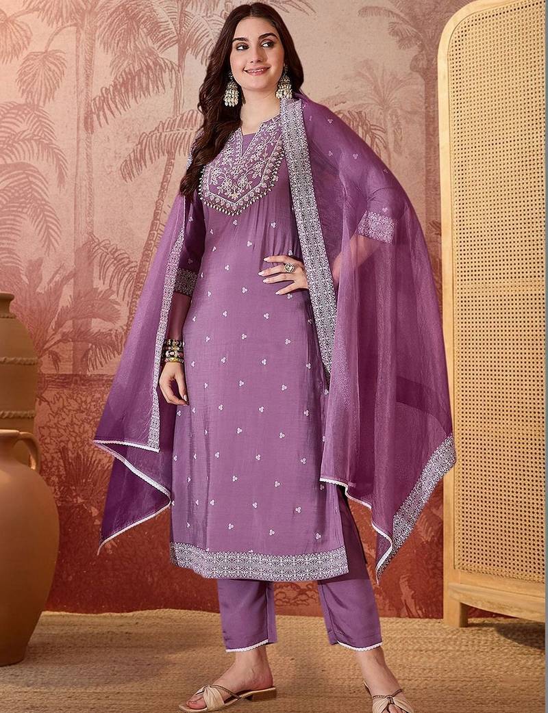 embroidered round-neck kurta & trousers kurta sets