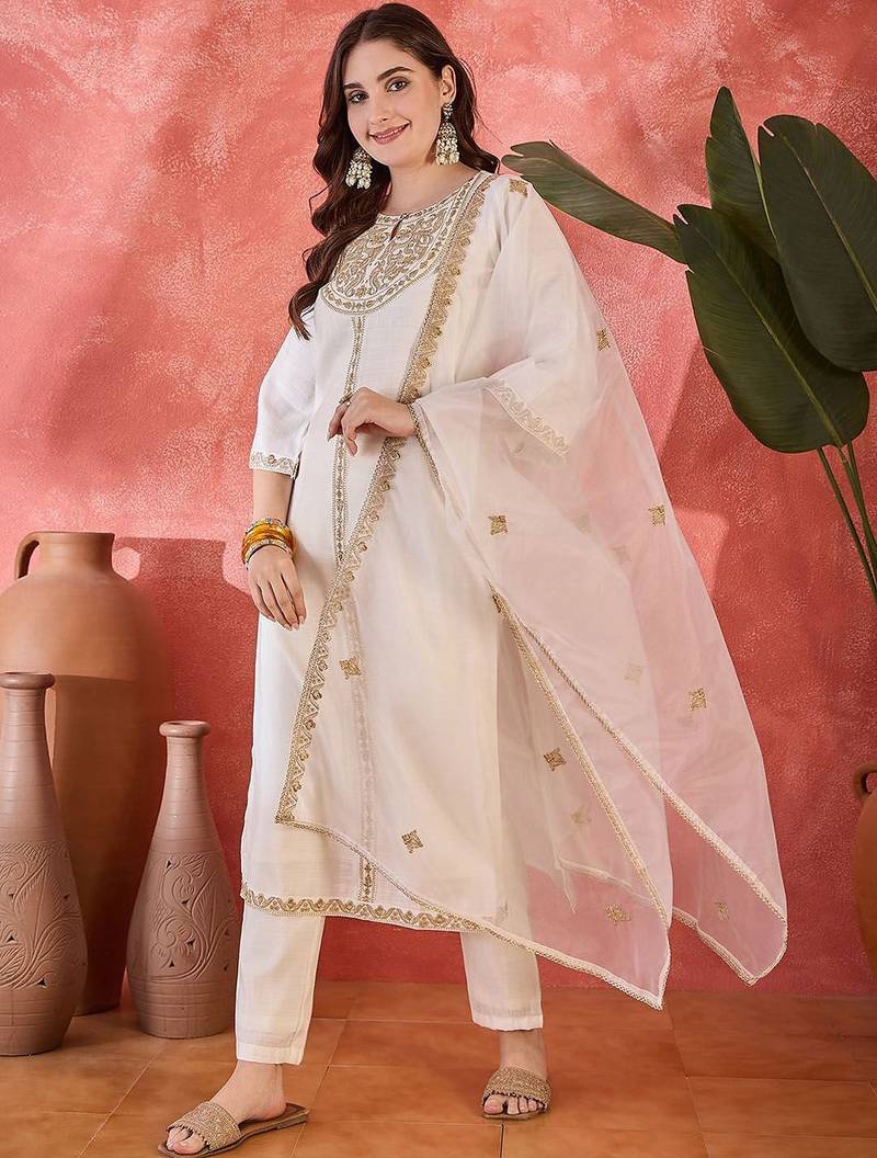 zari  women sequence embroidered straight kurta & trousers with dupatta