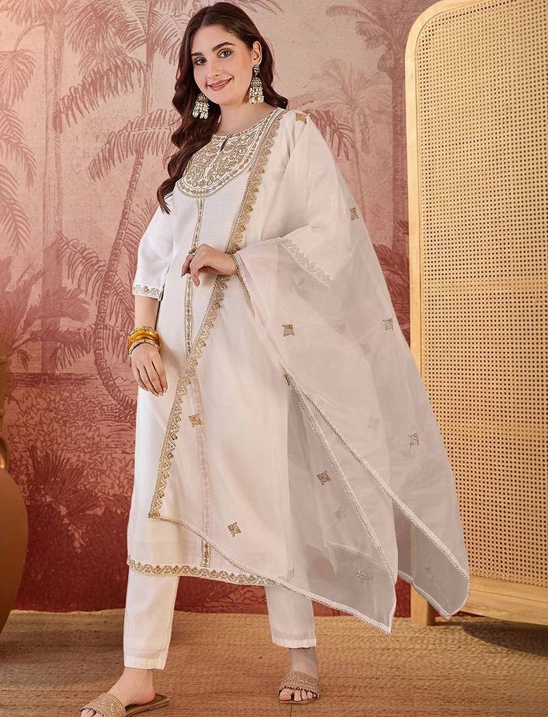 zari sequence embroidered round-neck straight kurta & trousers with dupatta