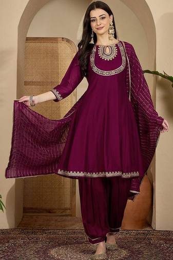 floral yoke design thread work panelled anarkali kurta with patiala & dupatta