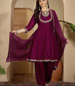 floral yoke design thread work panelled anarkali kurta with patiala & dupatta