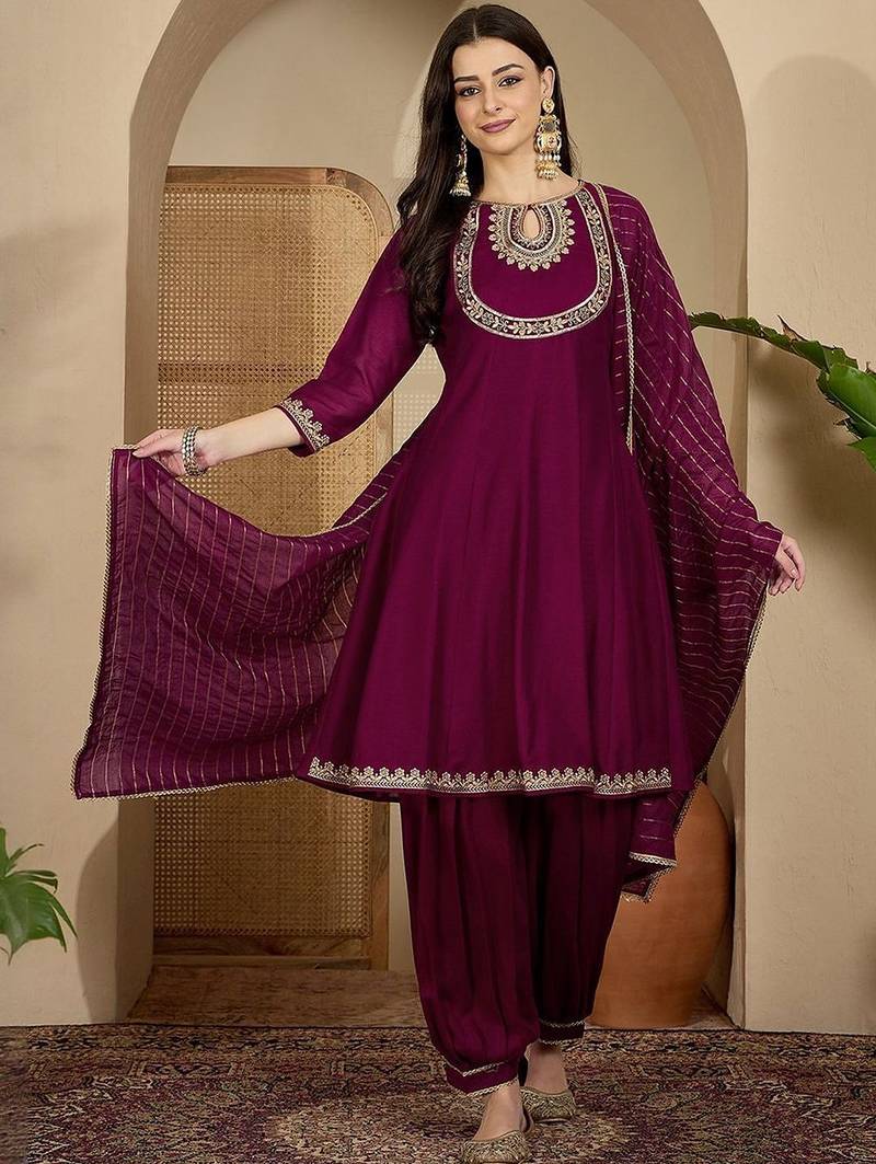 floral yoke design thread work panelled anarkali kurta with patiala & dupatta